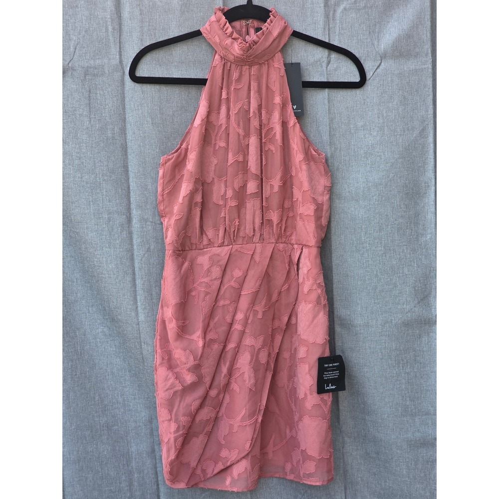 Lulus Pink Floral Burnout Halter Mini Dress IDH77819 Ruffle Neck Wrap Skirt XS